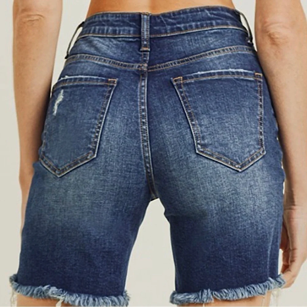 Risen NWT Alaina High Waist Distressed Long Denim Shorts Womens Size Small New